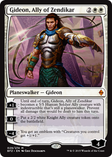 Gideon, alleato di Zendikar, è un planeswalker che porta soldati umani sul campo di battaglia e li potenzia.