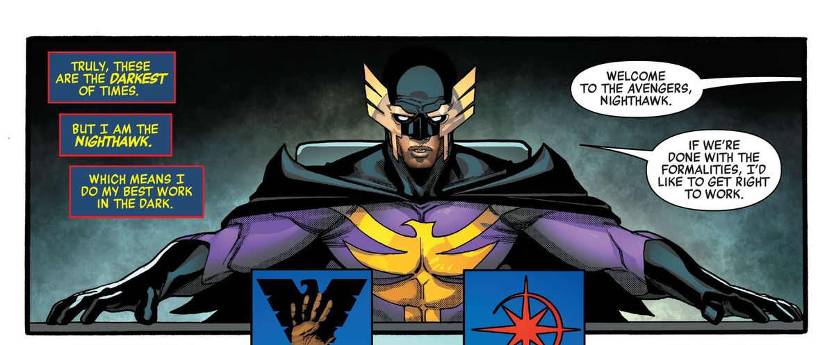 Nighthawk, nel suo costume da Batman, allarga le dita lungo il tavolo da conferenza degli Avengers, dicendo 