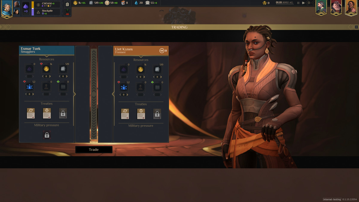 Una schermata di scambio mostra Liet Kynes, leader della fazione Fremen in Dune: Spice Wars