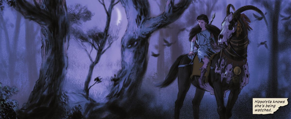Artemide veglia su Ippolita: Ippolita cavalca in stracci a cavallo di un cavallo amazzone corazzato.  La presenza di Artemide è nota al lettore dal modo in cui la luna e gli alberi sullo sfondo creano la forma del suo viso e delle sue corna, in Wonder Woman Historia: The Amazons # 2 (2022).