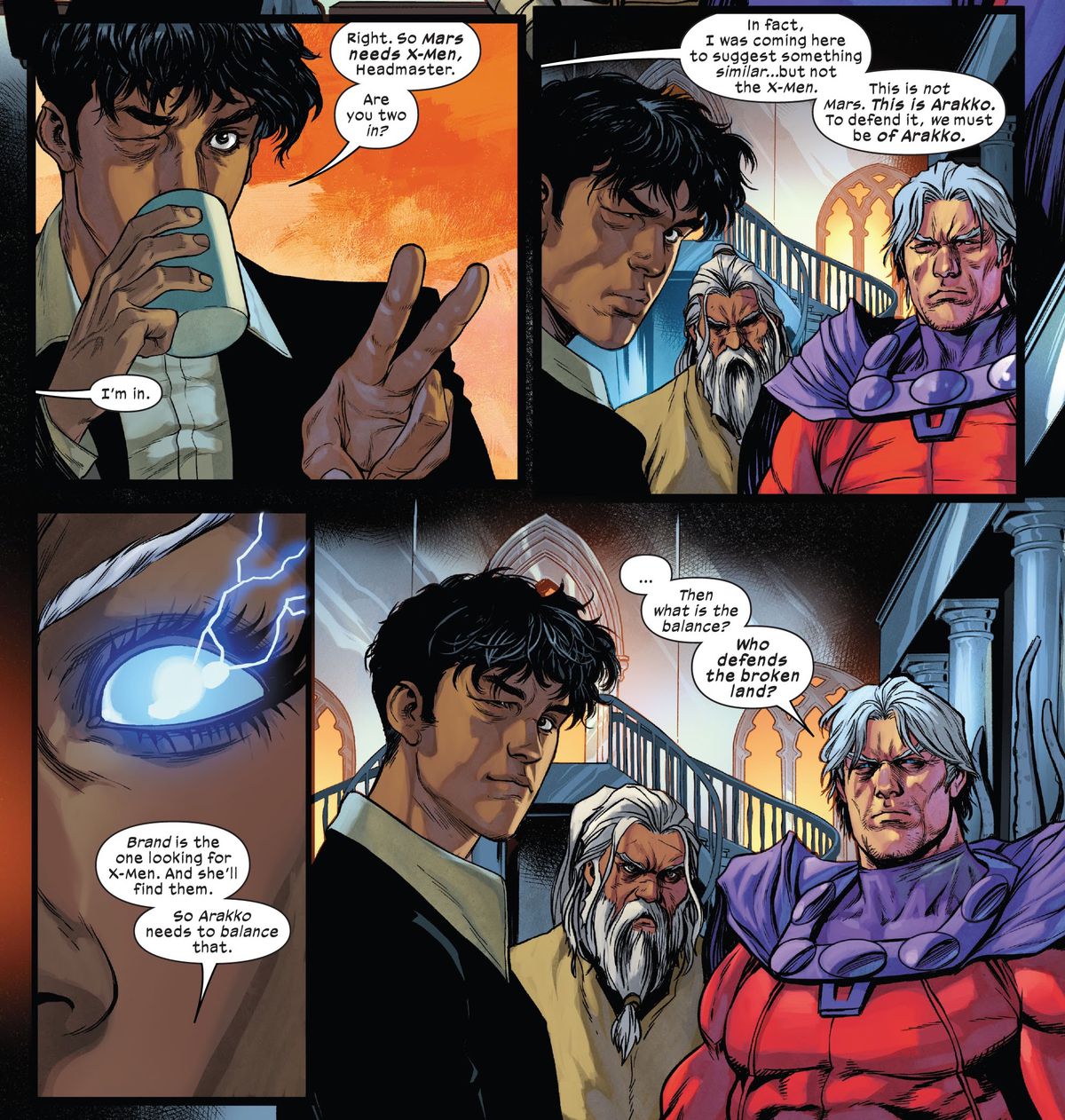 Macchia solare, Magneto, Re Pescatore e Tempesta discutono di come la traditrice Abigail Brand cercherà di creare un traditore X-Men di Marte.  