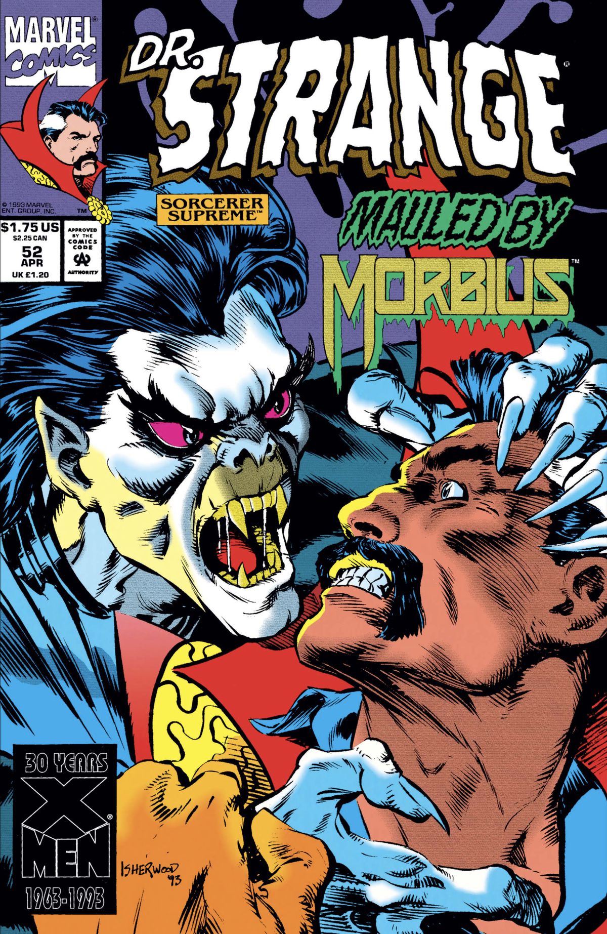 Morbius, un temibile cattivo simile a un vampiro, stringe le sue lunghe unghie affilate intorno alla testa di un Doctor Strange in difficoltà sulla copertina di Doctor Strange, Sorcerer Supreme # 52 (1993). 