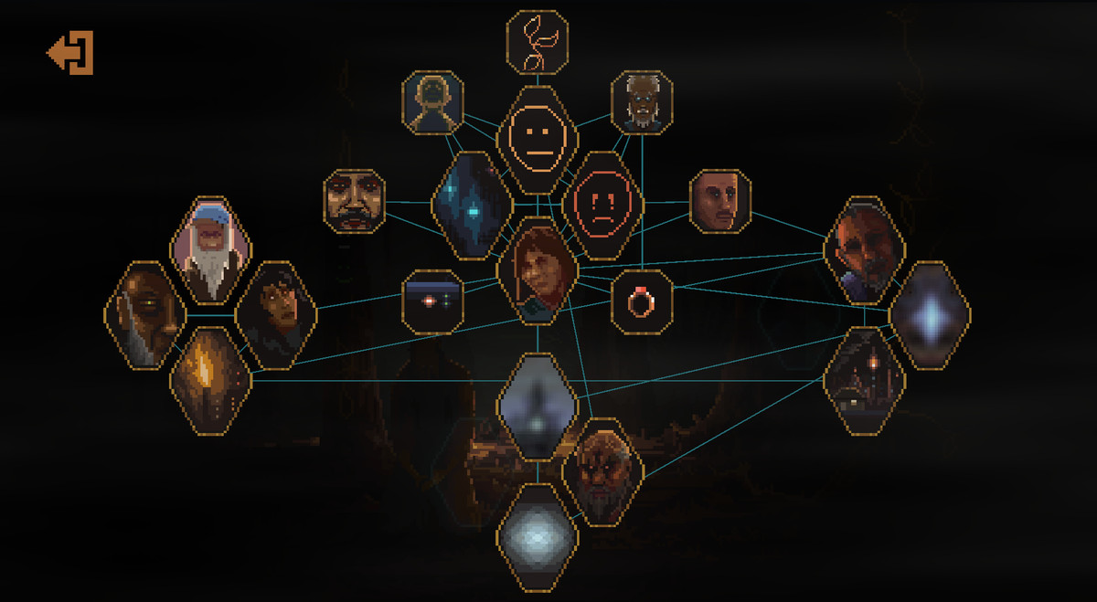 Norco: uno screenshot della funzione della mappa mentale del gioco, che mostra molti nodi collegati di personaggi, eventi e pensieri nella mente del protagonista Kay.