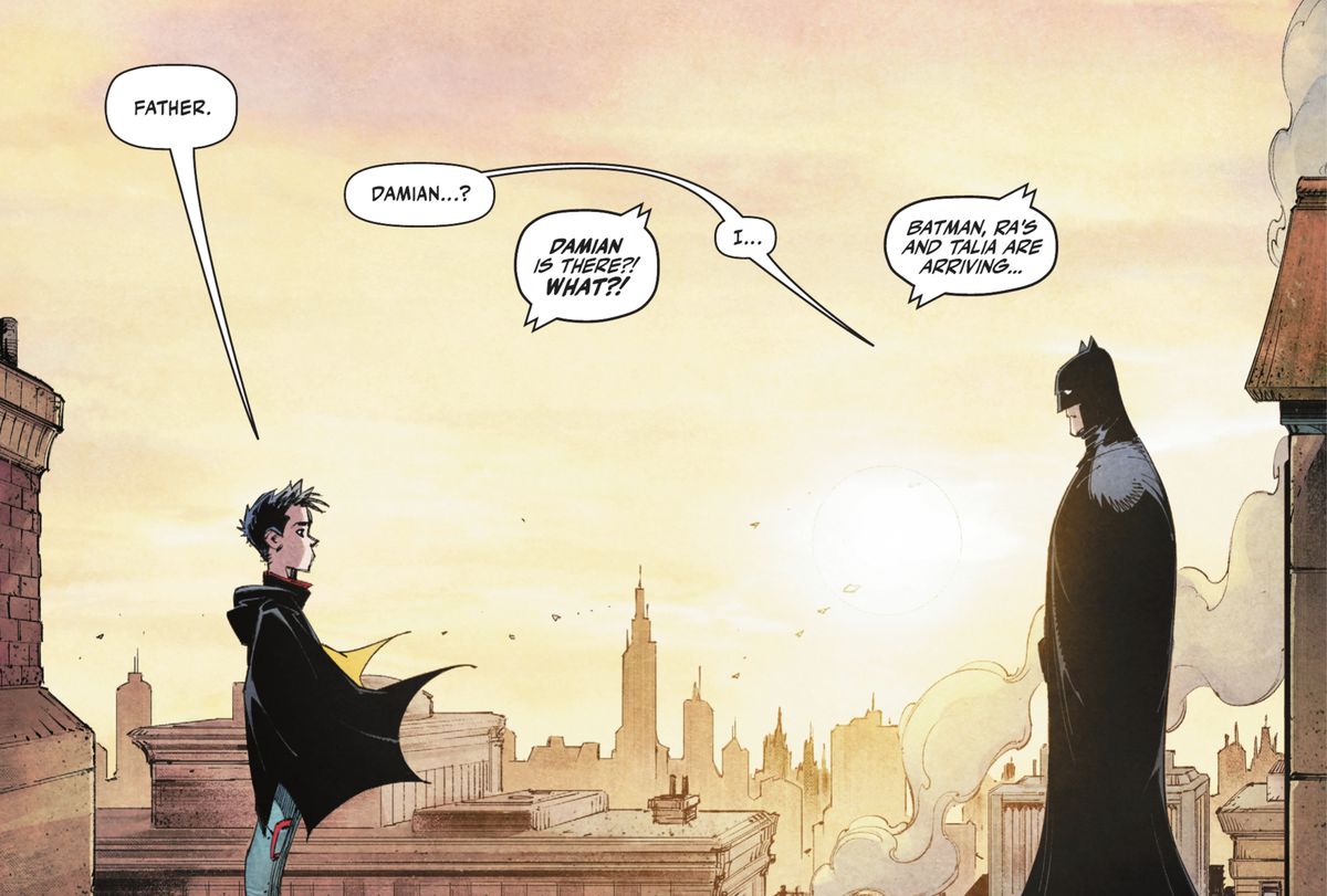 Batman (Bruce Wayne) e Robin (Damian Wayne) si trovano uno di fronte all'altro su un tetto.  