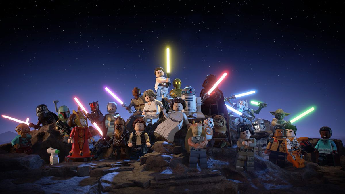 Famosi eroi e cattivi di Star Wars stanno su una roccia per Lego Star Wars: The Skywalker Saga