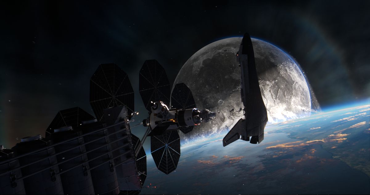 La luna cade sulla terra dallo spazio in Moonfall