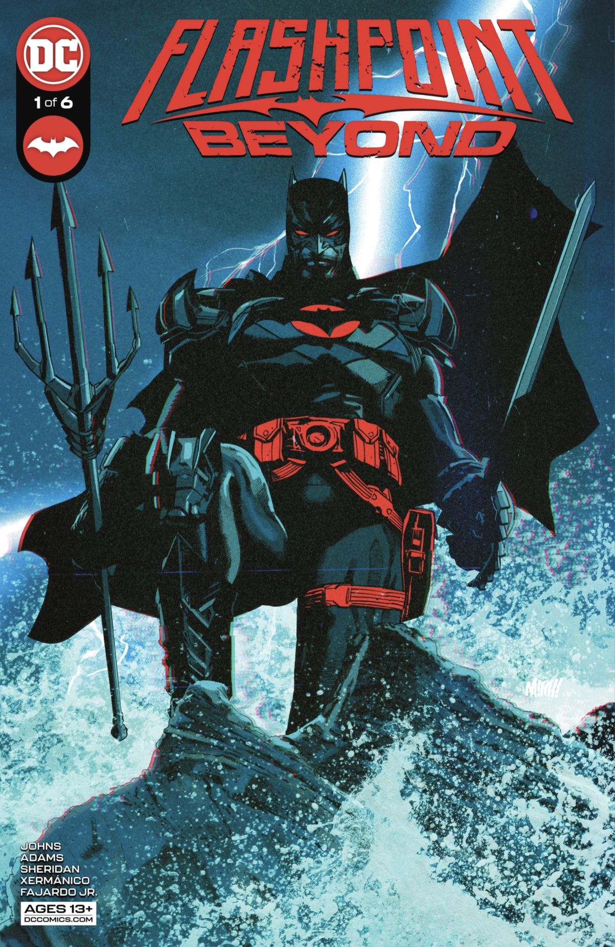 Batman (Thomas Wayne) si trova spaventosamente sulle rocce tra le onde che si infrangono.  C'è un fulmine dietro di lui e tiene in mano il tridente di Aquaman sulla copertina di Flashpoint Beyond #1 (2022). 