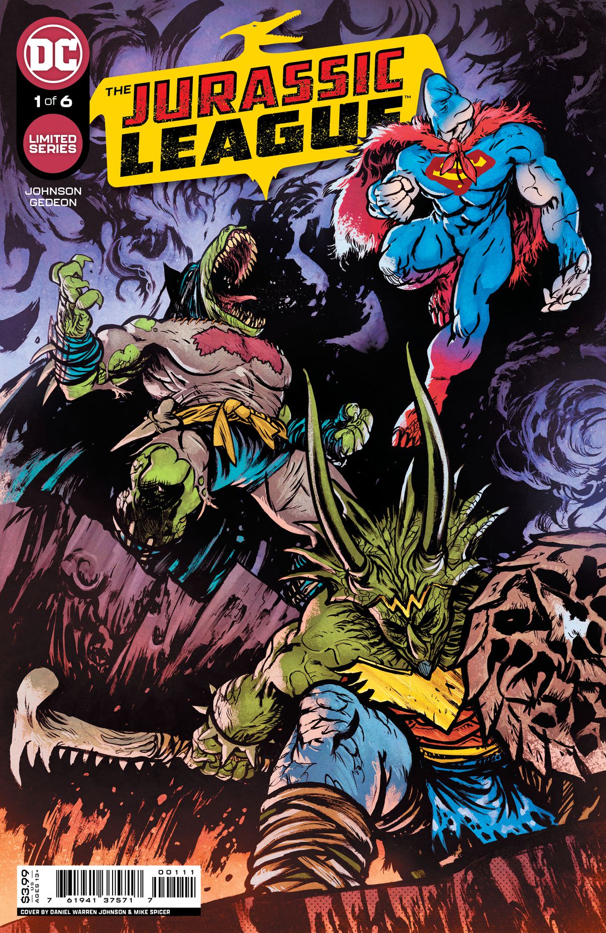 Batman, Superman e Wonder Woman nei panni di fantastici dinosauri antropomorfi sulla copertina di Jurassic League #1 (2022).