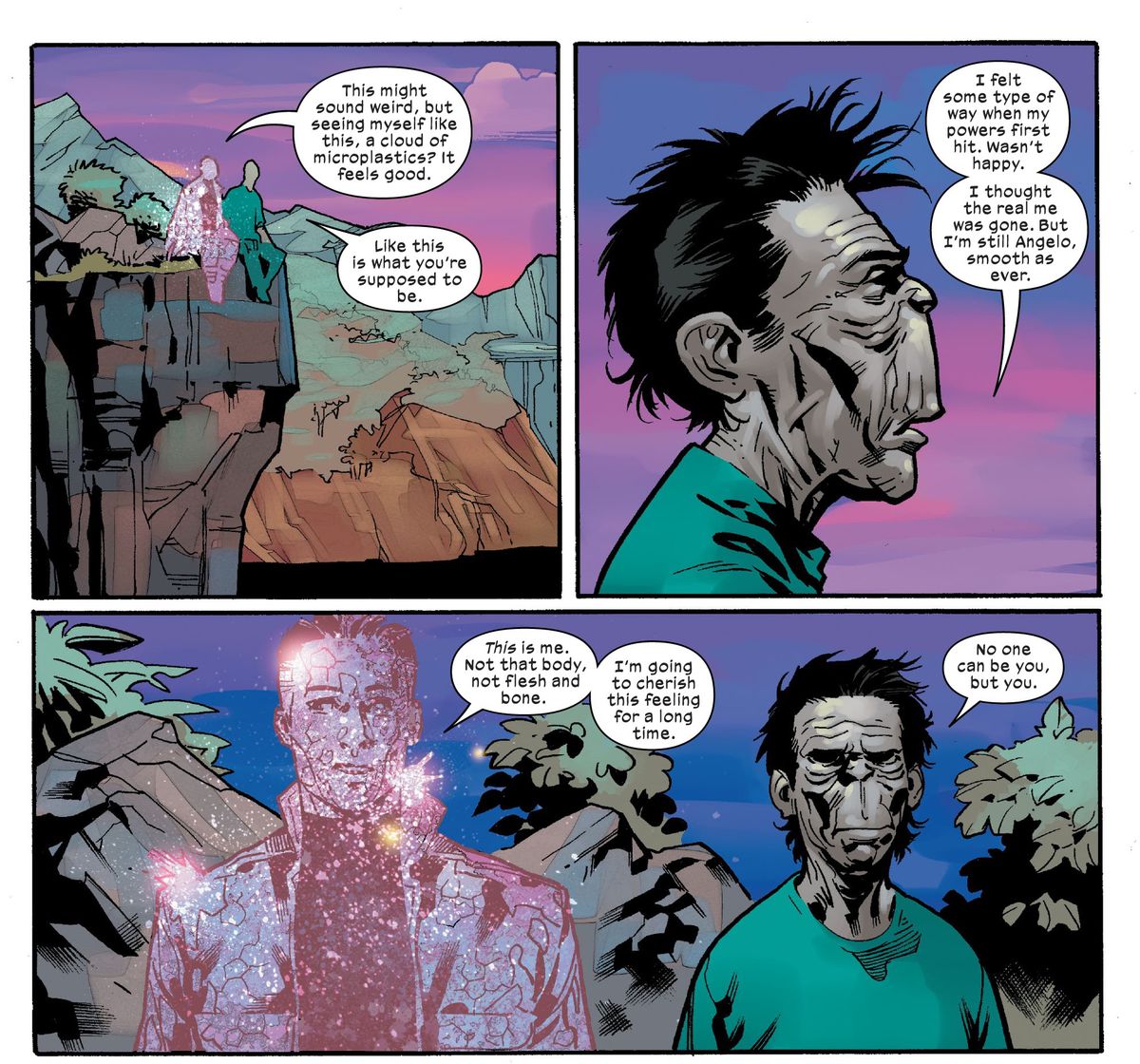 Mutants Skin e Madison Jeffries si siedono su una scogliera a Krakoa e discutono di sentirsi a casa nei loro corpi mutanti in Sabretooth # 3 (2022)