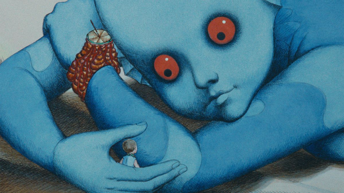 Un grande alieno blu con gli occhi rossi e uno strano orologio da polso culla un bambino umano nel palmo della sua mano in Fantastic Planet.