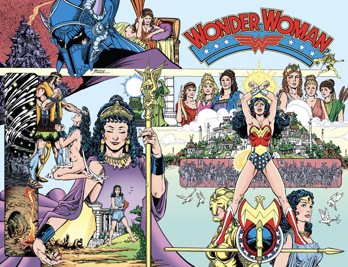 La copertina avvolgente di Wonder Woman #1 (1987) di George Pérez, con guerrieri amazzonici, dee greche, Ares, Ercole che sottomette Ippolita, Ippolita che regna su Themyscira, il Pozzo delle Anime e Wonder Woman, in piedi con i suoi bracciali incrociati trionfante. 