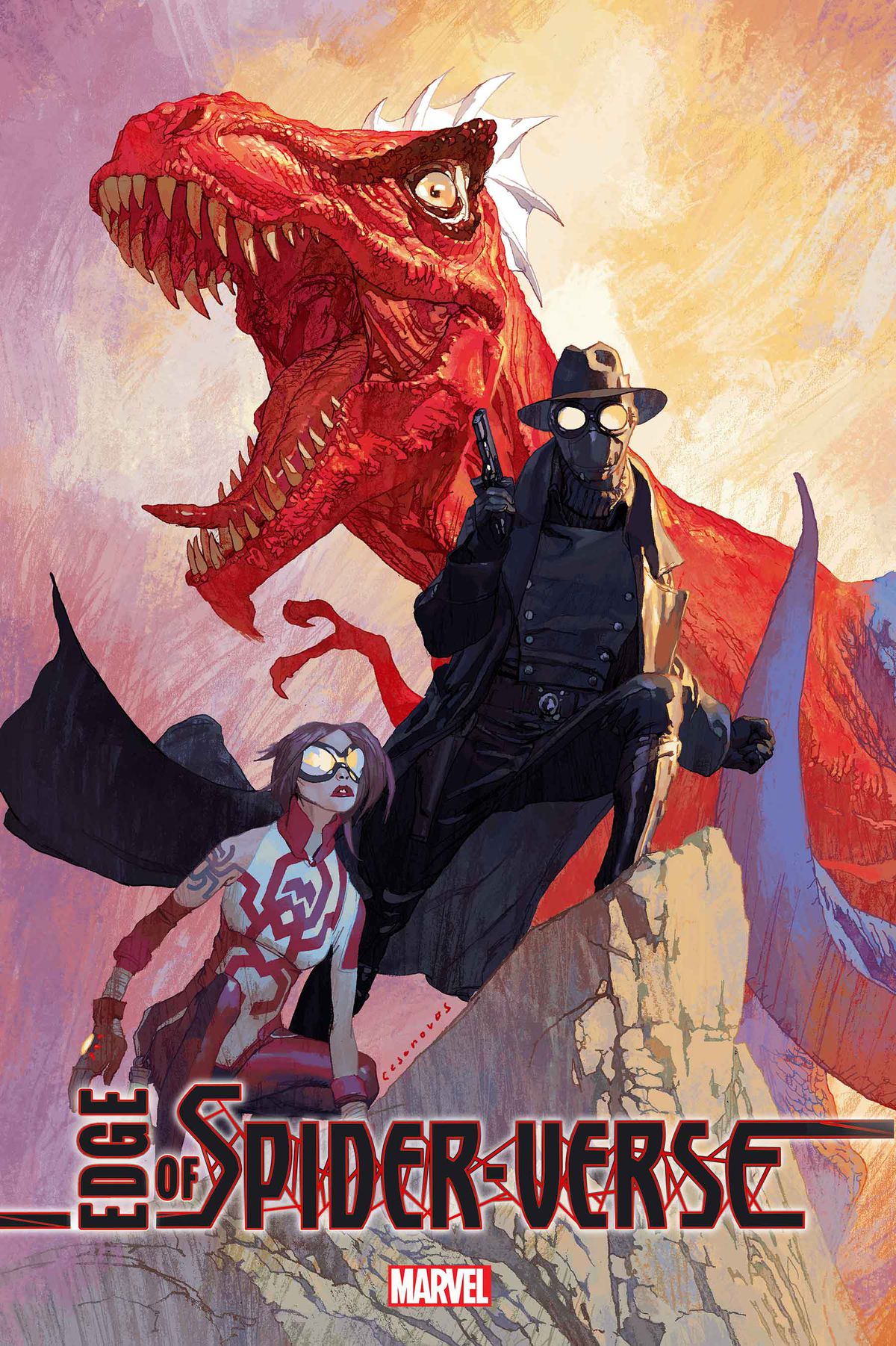 Araña, Spider-Man Noir e Spider-Rex (un T. Rex con i colori di Spider-Man) sulla copertina di Edge of Spider-Verse # 1 (2022).
