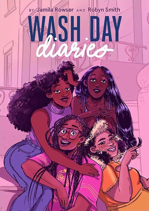 Quattro donne nere con acconciature diverse si rilassano insieme come amiche sulla copertina di Wash Day Diaries (2022).
