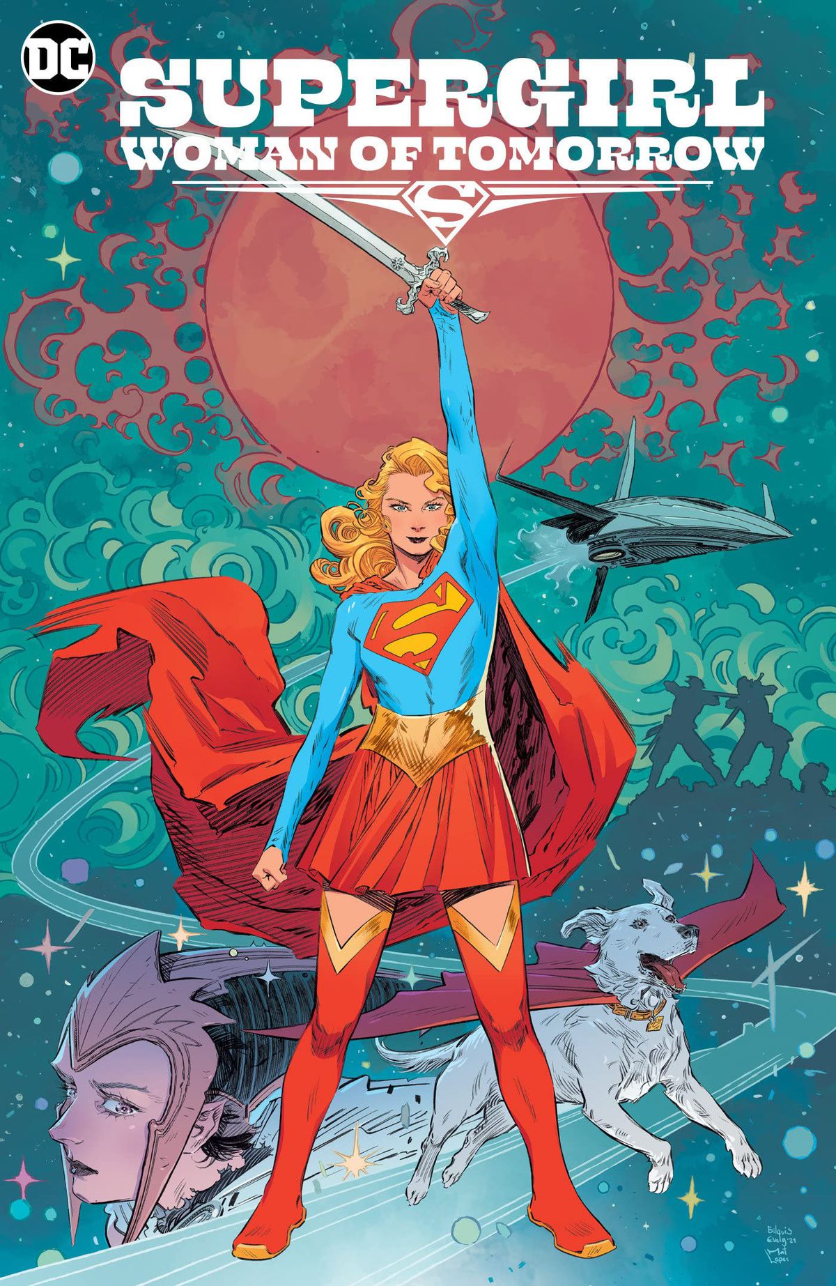 Supergirl sta con la spada alzata su uno sfondo di immagini spaziali sulla copertina di Supergirl: Woman of Tomorrow. 