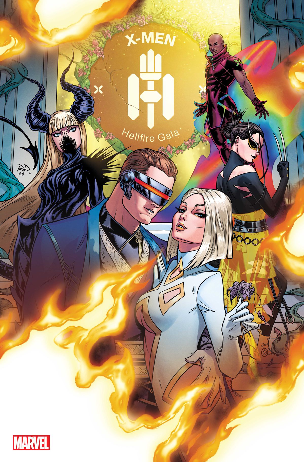 Ciclope ed Emma Frost posano in alta moda sulla copertina di X-Men: Hellfire Gala #1 (2022).  Dietro di loro posano anche Wolverine (Laura Kinney), Magik e Synch. 