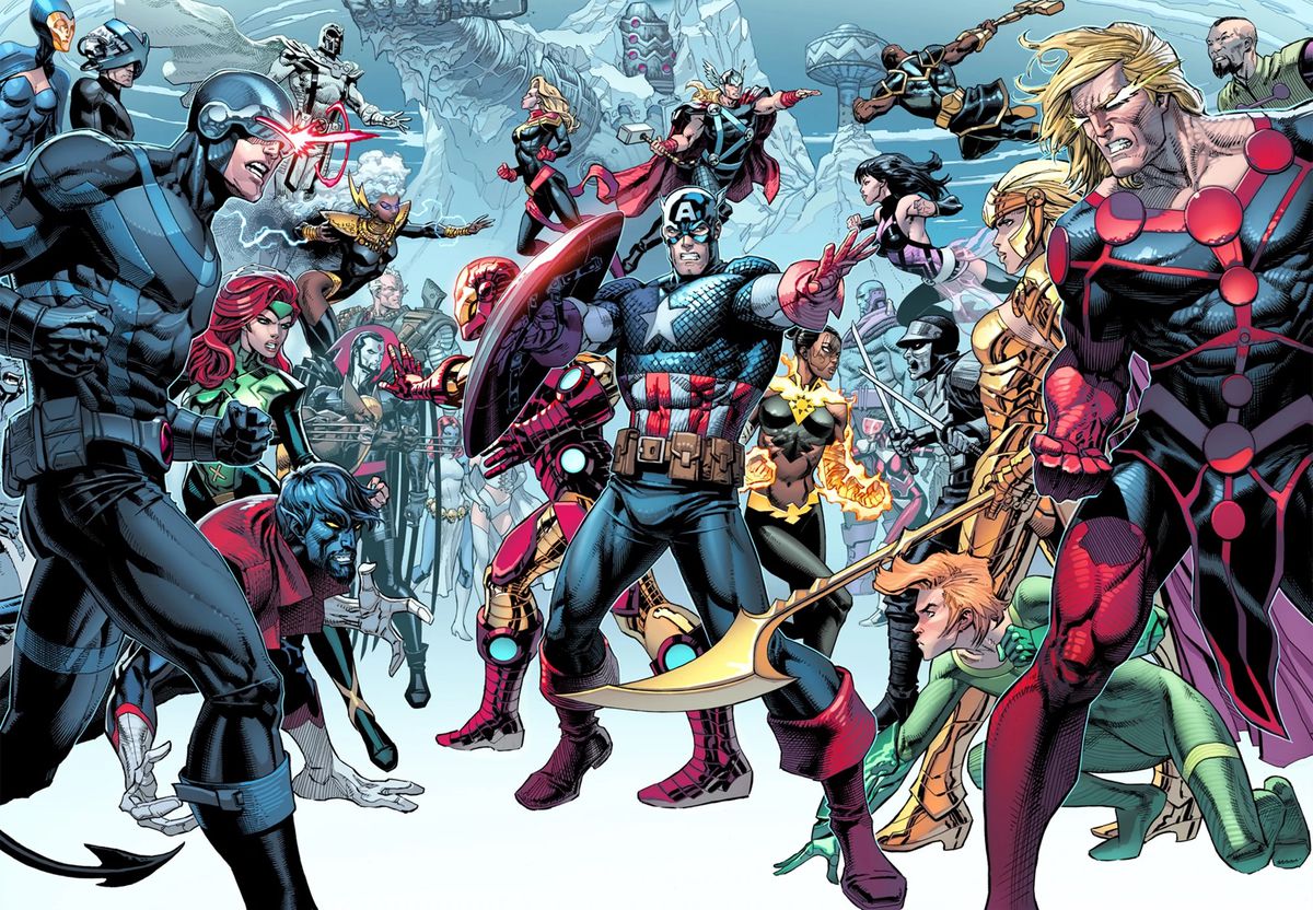 Gli X-Men, i Vendicatori e gli Eterni si schierano per la battaglia davanti al quartier generale dei Vendicatori, un Celeste morto congelato nell'arte promozionale di AXE: Il giorno del giudizio. 