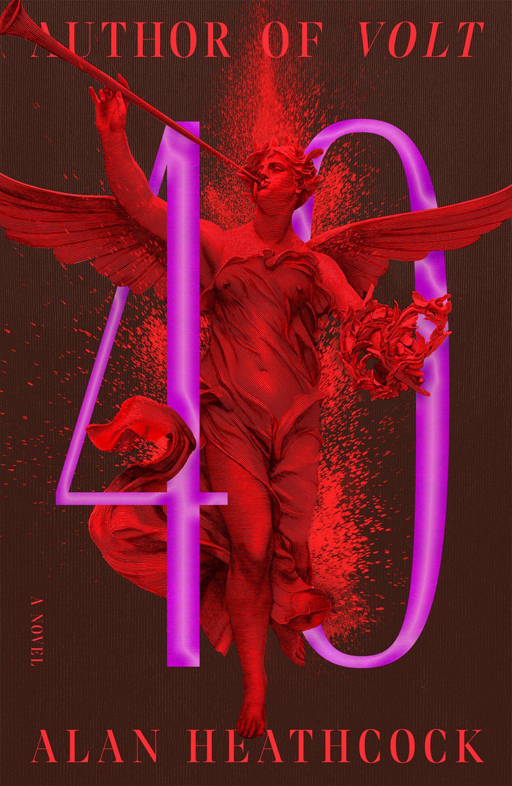 Immagine di copertina di 40 di Alan Heathcock, un'immagine luminosa con una figura rossa simile a un angelo all'interno delle cifre 4 e 0.