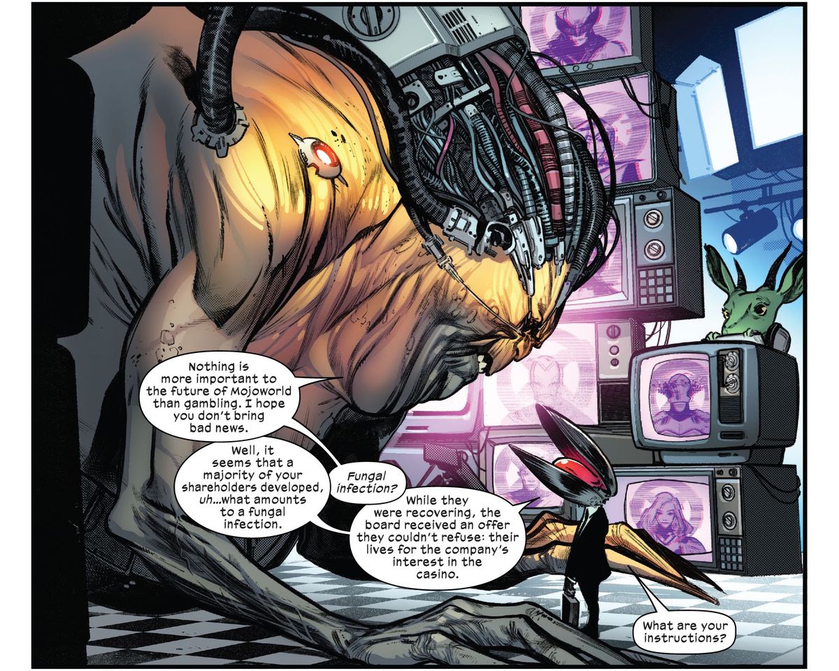 Mojo, un orribile uomo giallo con un corpo bulboso, arti sottili e fili e corde per capelli, si china per parlare con il suo avvocato, un uomo estremamente minuscolo che indossa un abito che ha un'ostrica per testa in X-Men # 11 (2022 ).