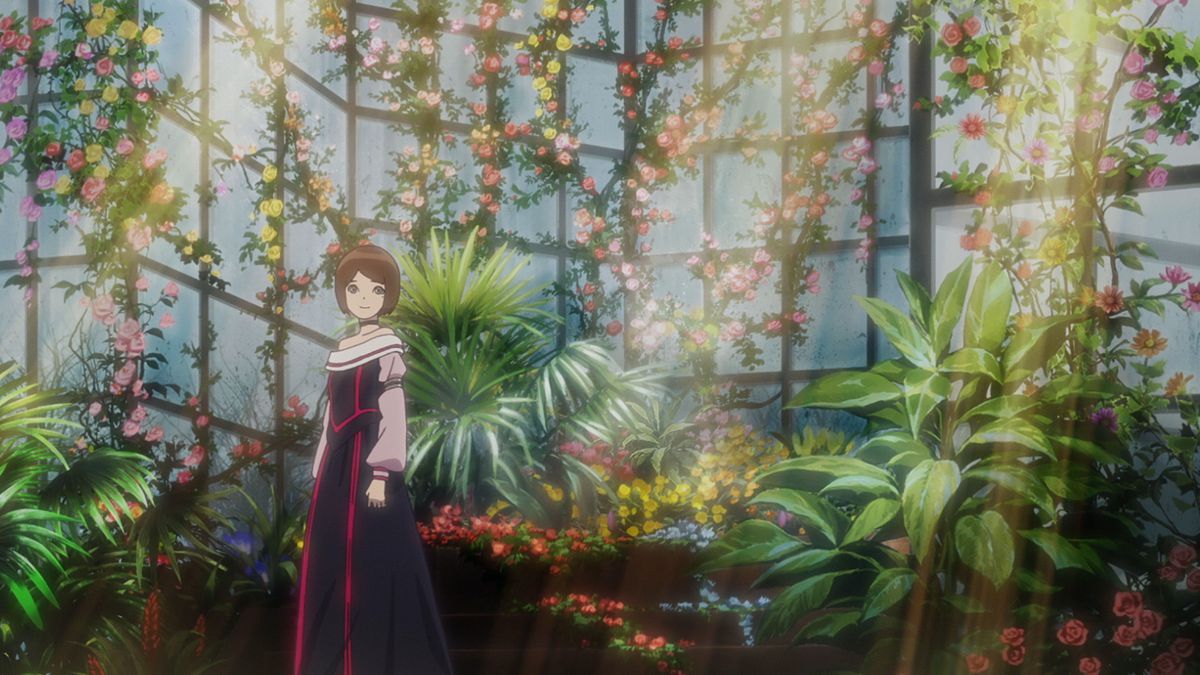 Momo sorridente in piedi in una serra piena di fiori colorati in Vampire in the Garden.