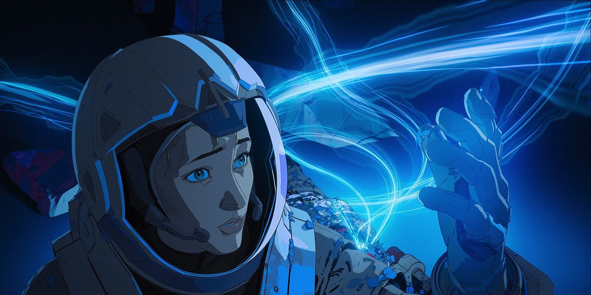 un astronauta osserva con stupore un'energia elettromagnetica blu vorticosa intorno a lei