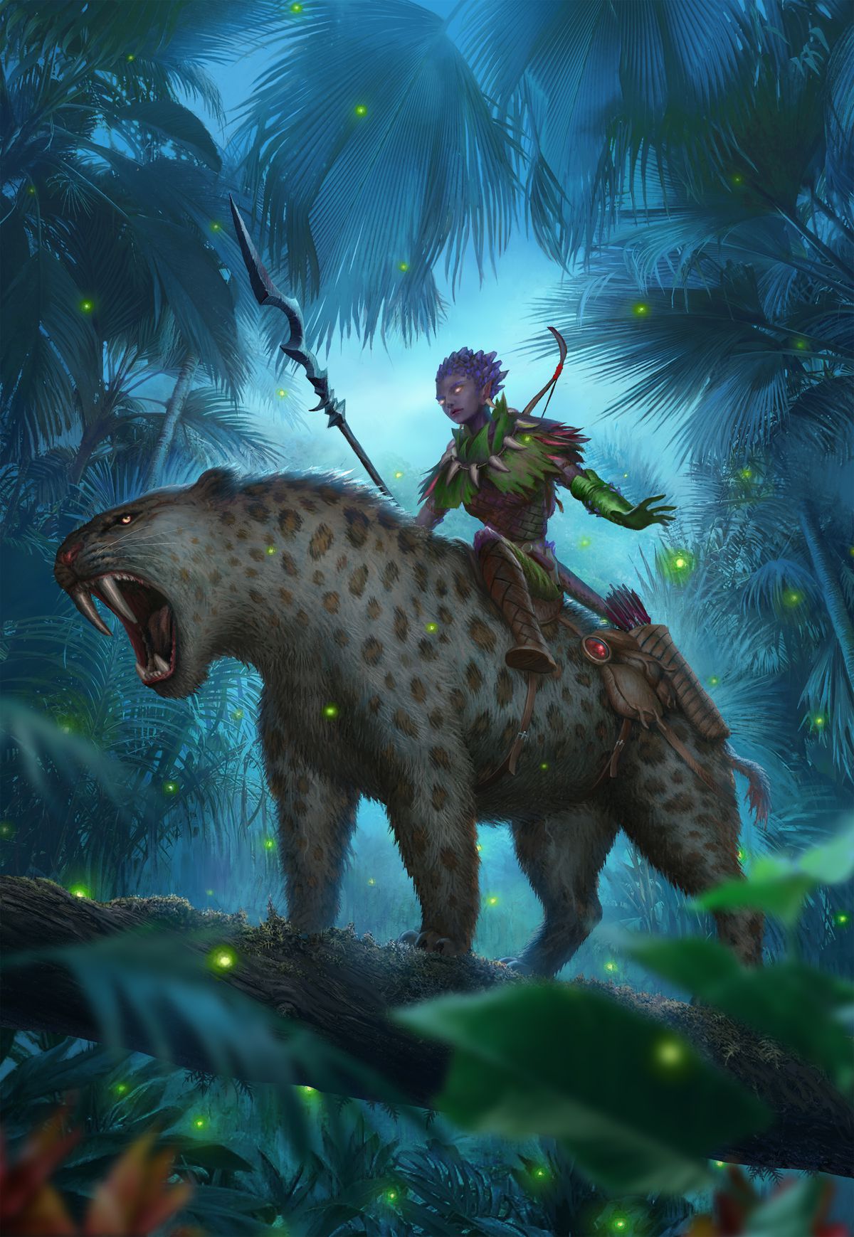 Un cavaliere di bestie con un bastone e un arco in cima a una grande creatura simile a un leopardo con enormi zanne.