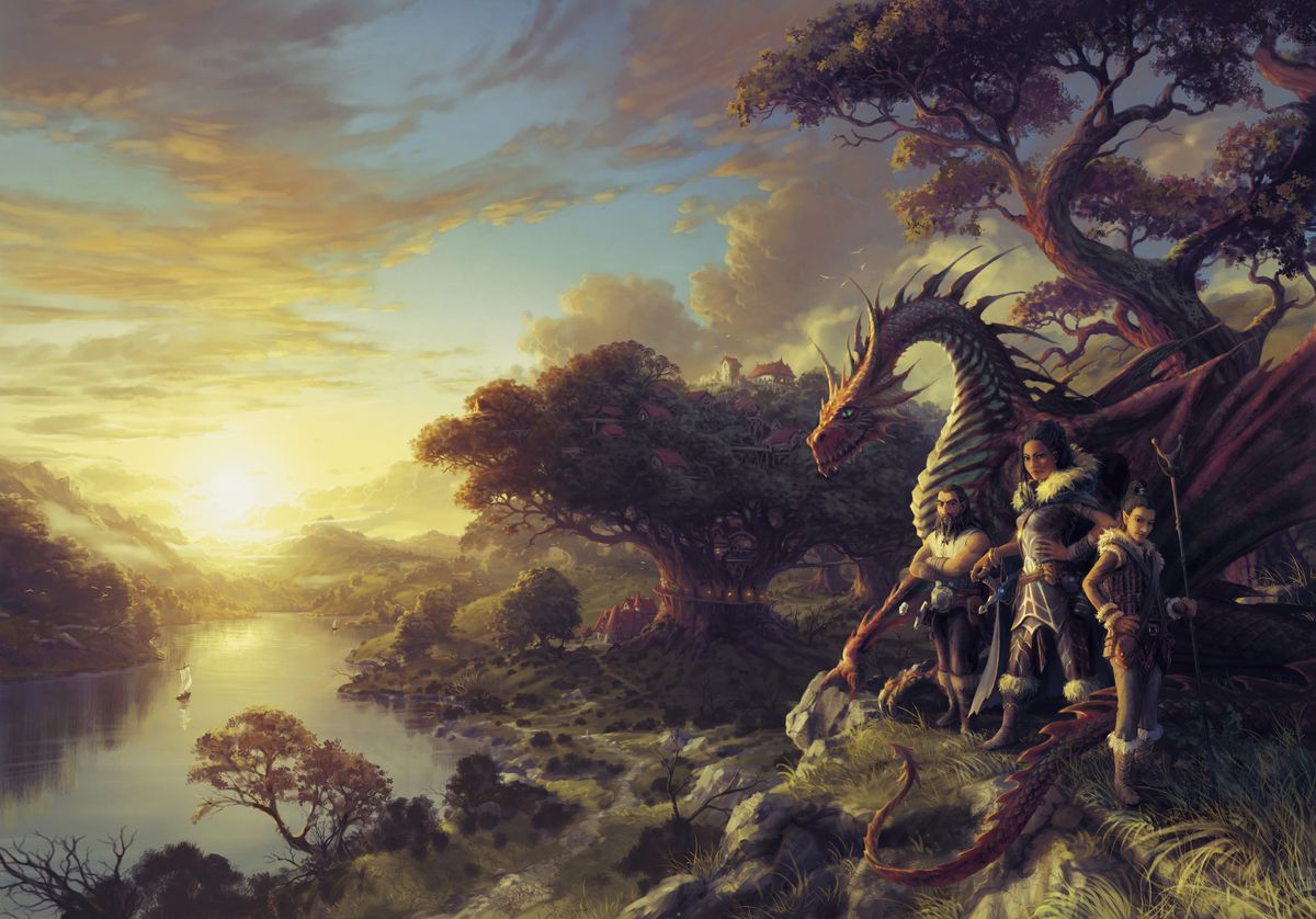 Un'alba su quella che sembra essere la locanda dell'ultima casa, con un nano, un umano, un kender e un drago in piedi in primo piano.
