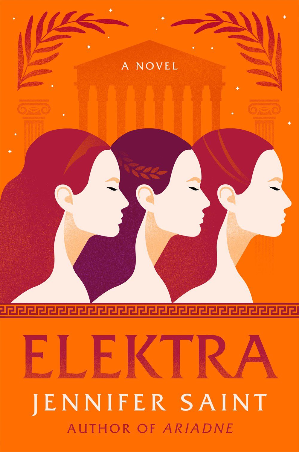 La copertina di Elektra di Jennifer Saint, con i profili di tre persone dai capelli lunghi su sfondo arancione.