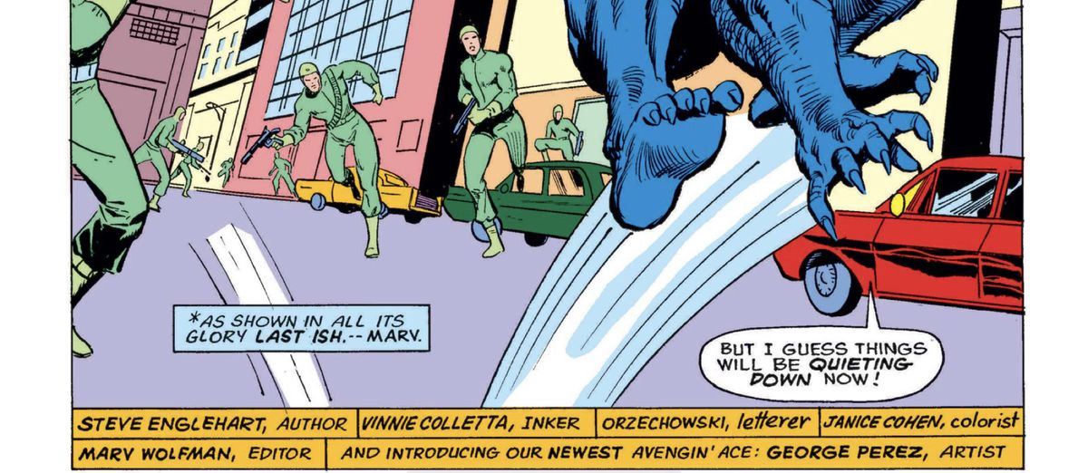 Un ritaglio ravvicinato della prima pagina di Avengers #141 (1975), con i crediti del creatore, che si concludono con la frase 
