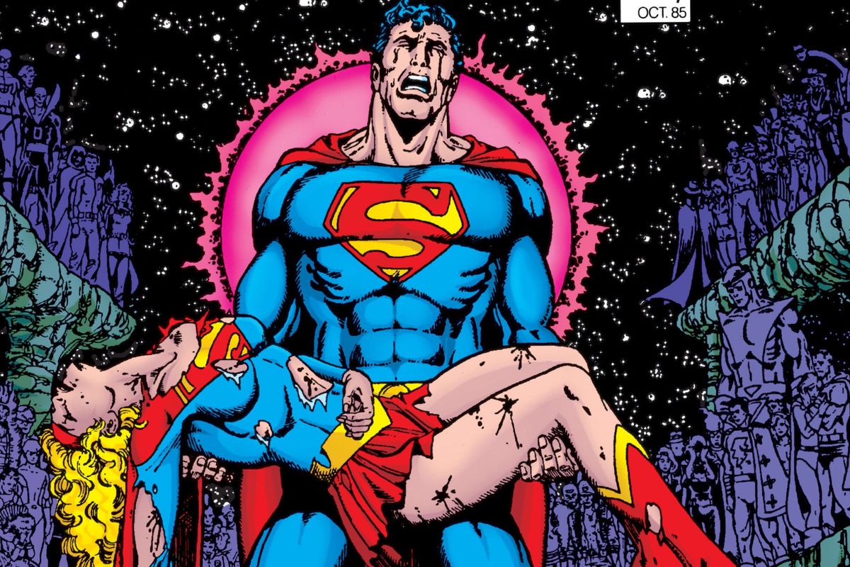 Superman culla il corpo spezzato di Supergirl sulla copertina di Crisis on Infinite Earths # 7, DC Comics (1985).