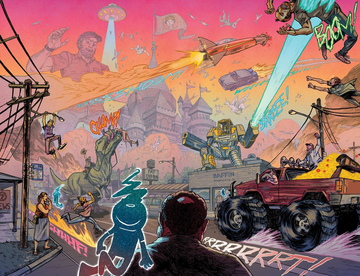 Un uomo si affaccia su una strada cittadina alterata e caotica, in luoghi come un uomo gigante, UFO, robot giganti, un uomo a cavallo di un dinosauro, un'auto volante e un monster truck pieno d'oro in Eight Billion Genies #1 (2022) . 