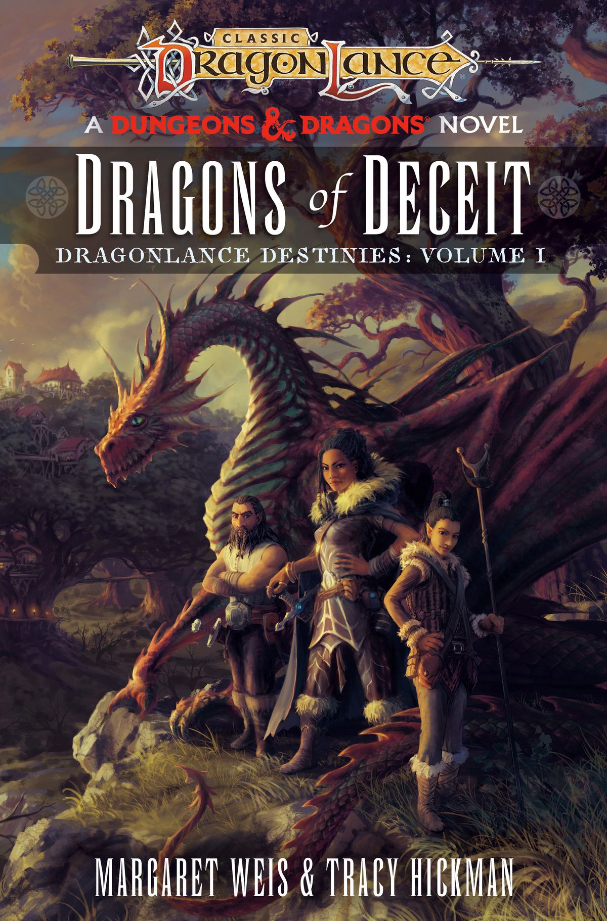 Una copertina per Dragons of Deceit, inclusa l'arte del personaggio principale, il titolo e i nomi degli autori.