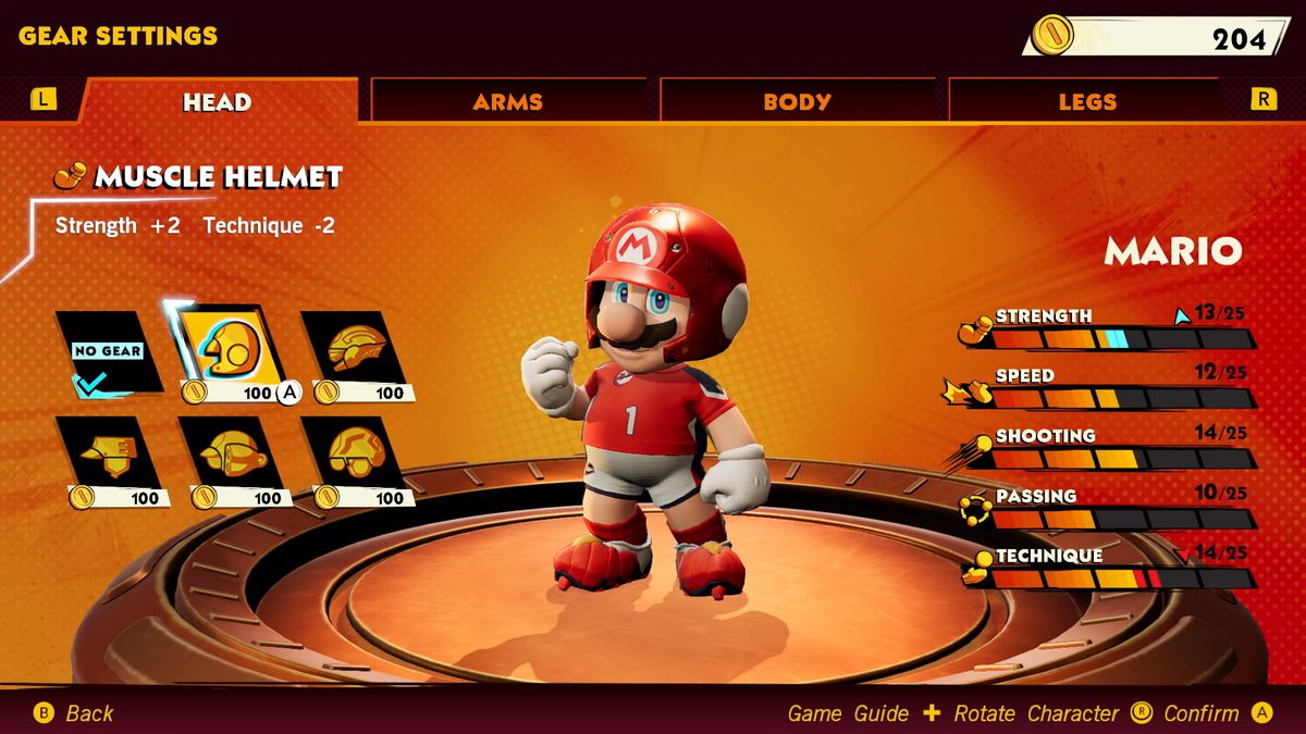 Mario Strikers: Il menu dell'equipaggiamento di Battle League, che mostra Mario che indossa un elmo muscolare che aumenta la sua forza ma riduce il suo punteggio tecnico.
