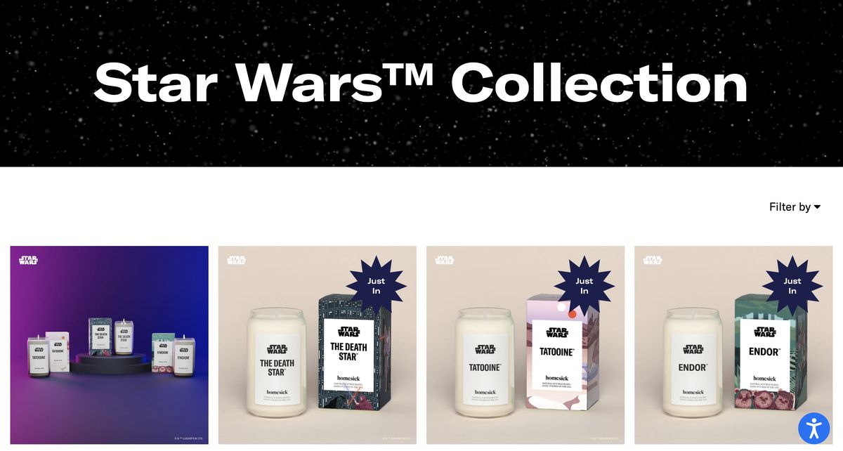 Una pagina del prodotto per la collezione di candele e deodoranti per ambienti Star Wars di Homesick