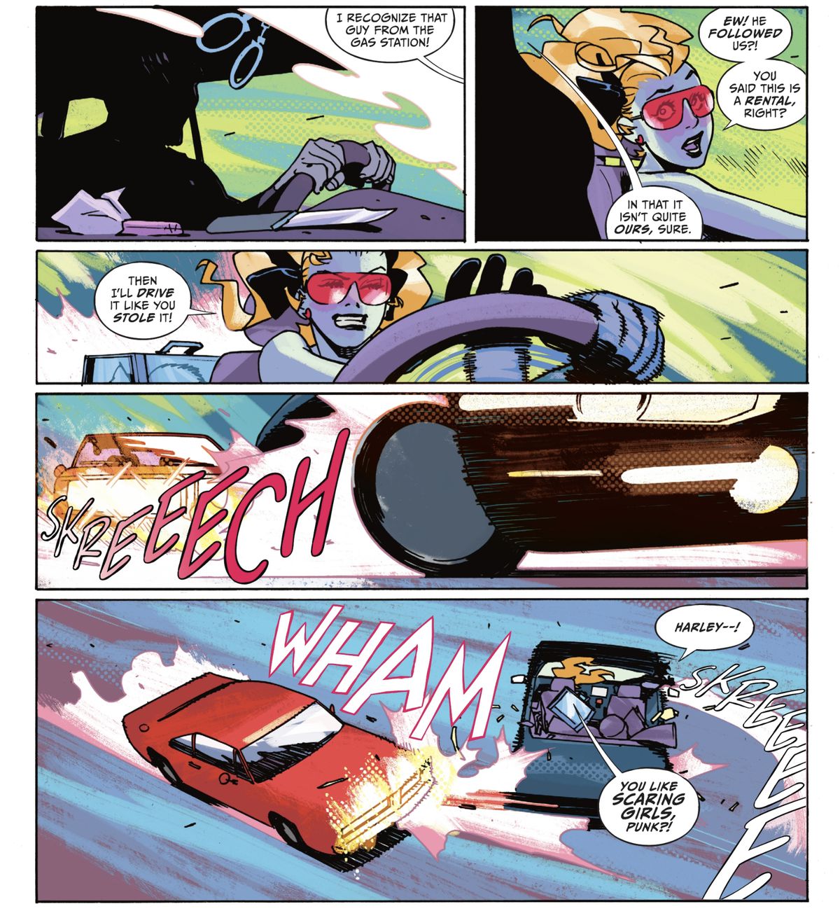 Dopo aver realizzato che l'uomo dietro di loro ha speronato la parte posteriore della loro auto, Harley Quinn tira il volante e fa girare il veicolo in modo controllato per schiantarlo all'indietro, urlando 