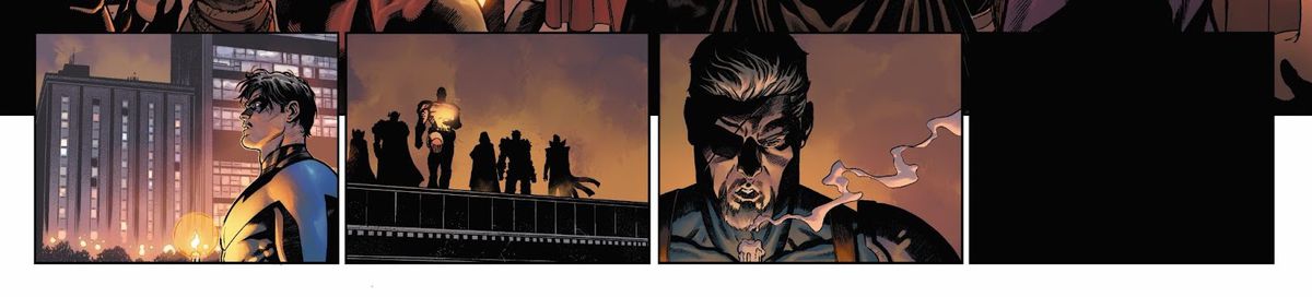 Macchie di Nightwing stagliavano figure su un tetto che si affaccia sul servizio funebre della Justice League.  Tra questi c'è Slade Wilson/Deathstroke the Terminator, con in mano una candela.  Lo spegne.  Da Dark Crisis n. 1 (2022).