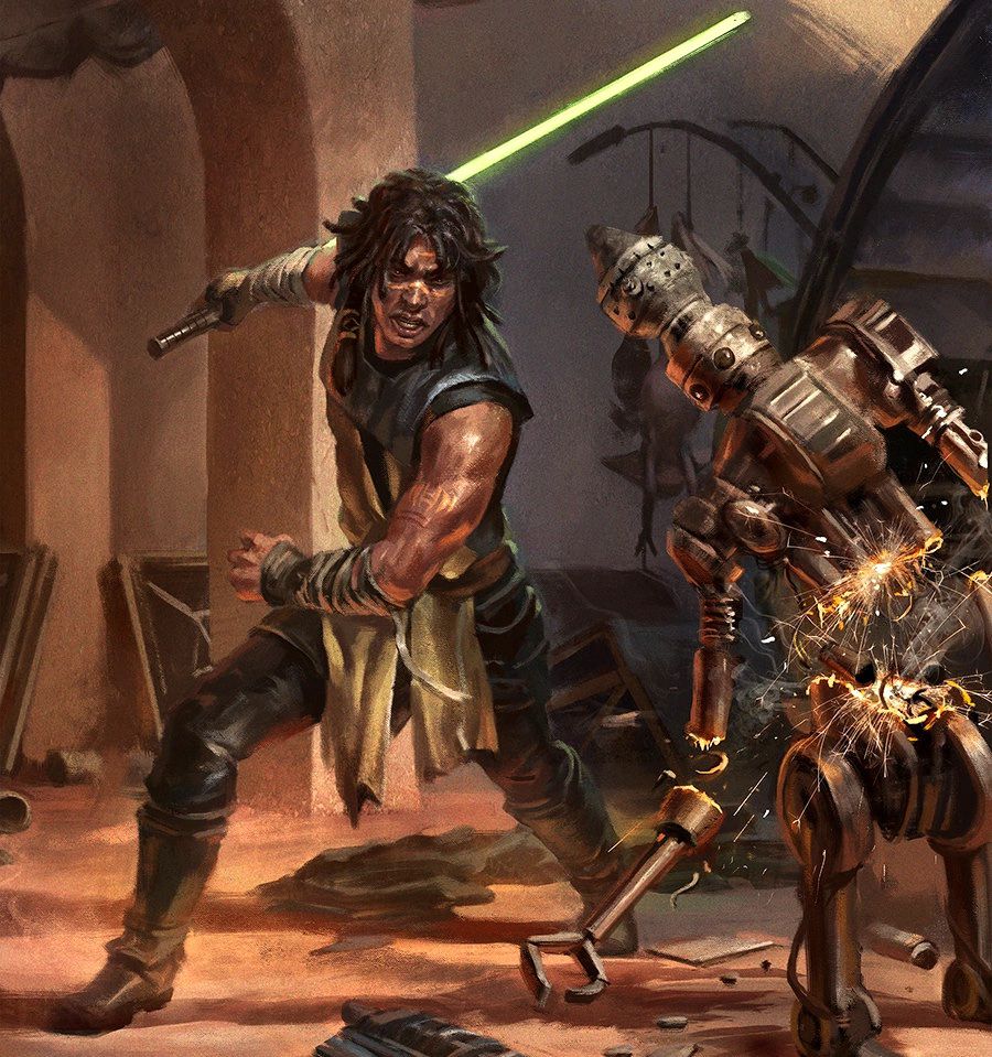 Jedi Quinlan Vos taglia un droide con la sua spada laser.  Indossa abiti scuri che espongono le sue braccia muscolose e tatuate e ha i capelli raccolti.