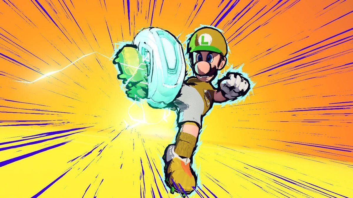 Luigi fa un super strike in mario strikers: battle league 