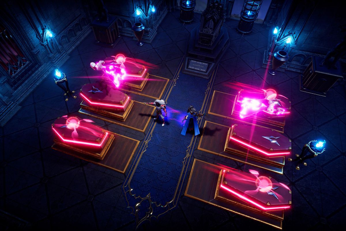 Una collezione di bare nel castello di un vampiro in V Rising