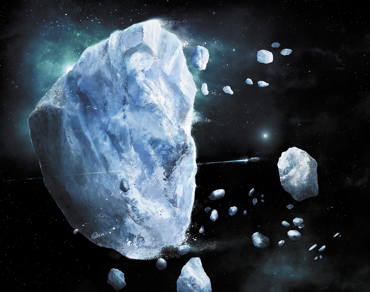 Ironsworn: arte forgiata a stelle che mostra una nave che vola oltre enormi blocchi di ghiaccio che galleggiano nello spazio