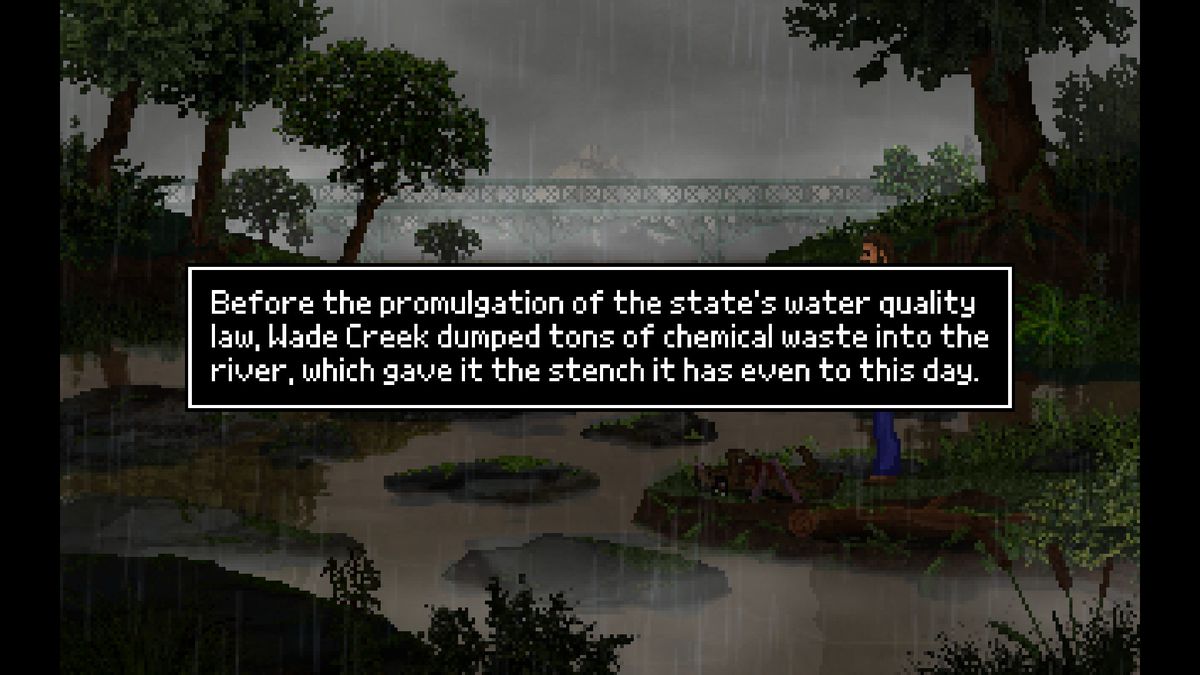 Il personaggio del giocatore si trova davanti a un torrente inquinato in Nightmare Frames