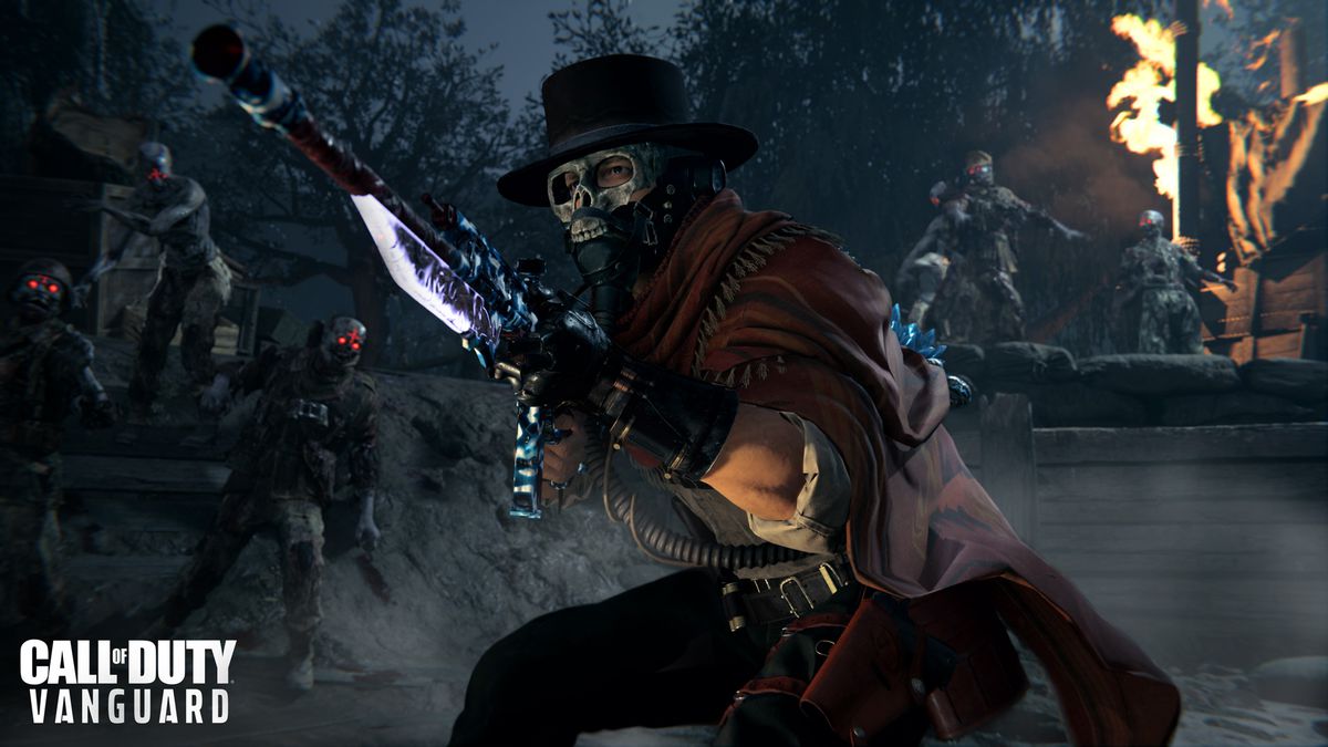 uno zombi scheletrico che indossa un fedora e porta un fucile con baionetta punta fuori dalla telecamera verso qualcosa