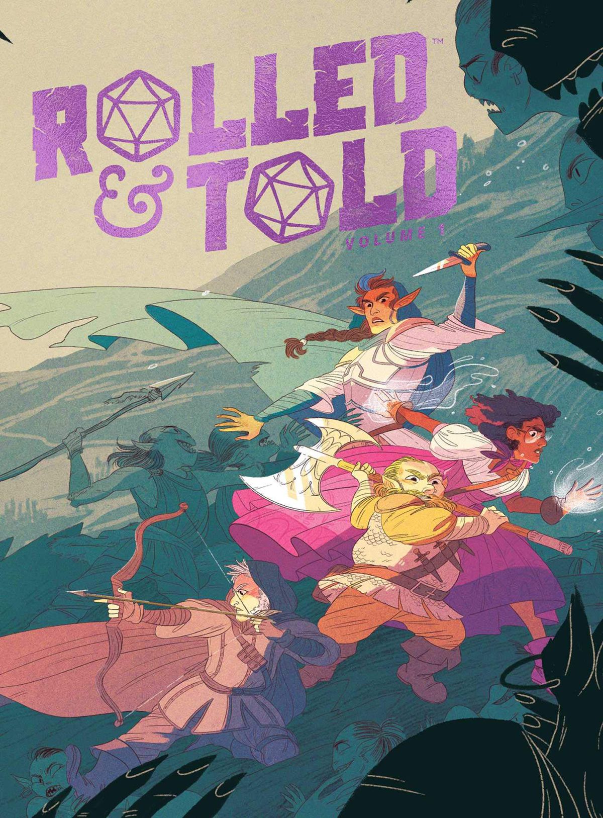 La copertina di Rolled & Told Volume 1 mostra un gruppo di eroi resi con i pastelli.