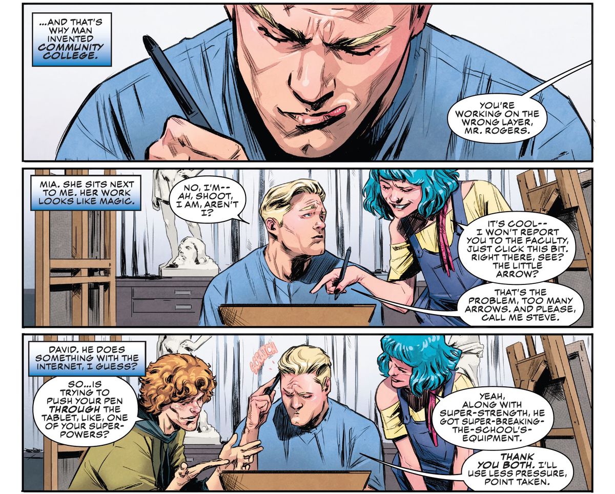 Steve Rogers/Captain America partecipa a una lezione di disegno dal vero, mentre i giovani studenti intorno a lui gli danno educatamente consigli su come usare una tavoletta grafica, avvertendolo di non spingerci dentro la penna con la sua super forza in Captain America: Sentinel of Libertà n. 1 (2022).