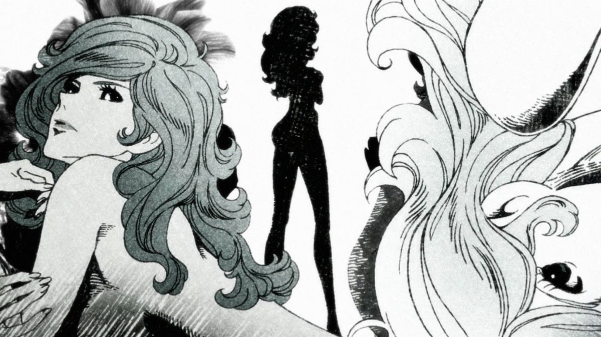 Foto di Fujiko in posa in bianco e nero e in silhouette dall'apertura di The Woman Called Fujiko Mine