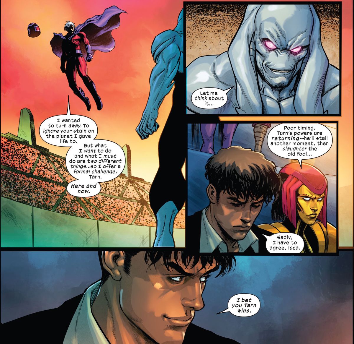 Magneto offre la sfida di una lotta all'ultimo sangue a un mutante dalla pelle grigia e dagli occhi rossi in un'arena gigante.  Sulle tribune, Sunspot dice sorniona al mutante vestito in modo colorato accanto a lui 
