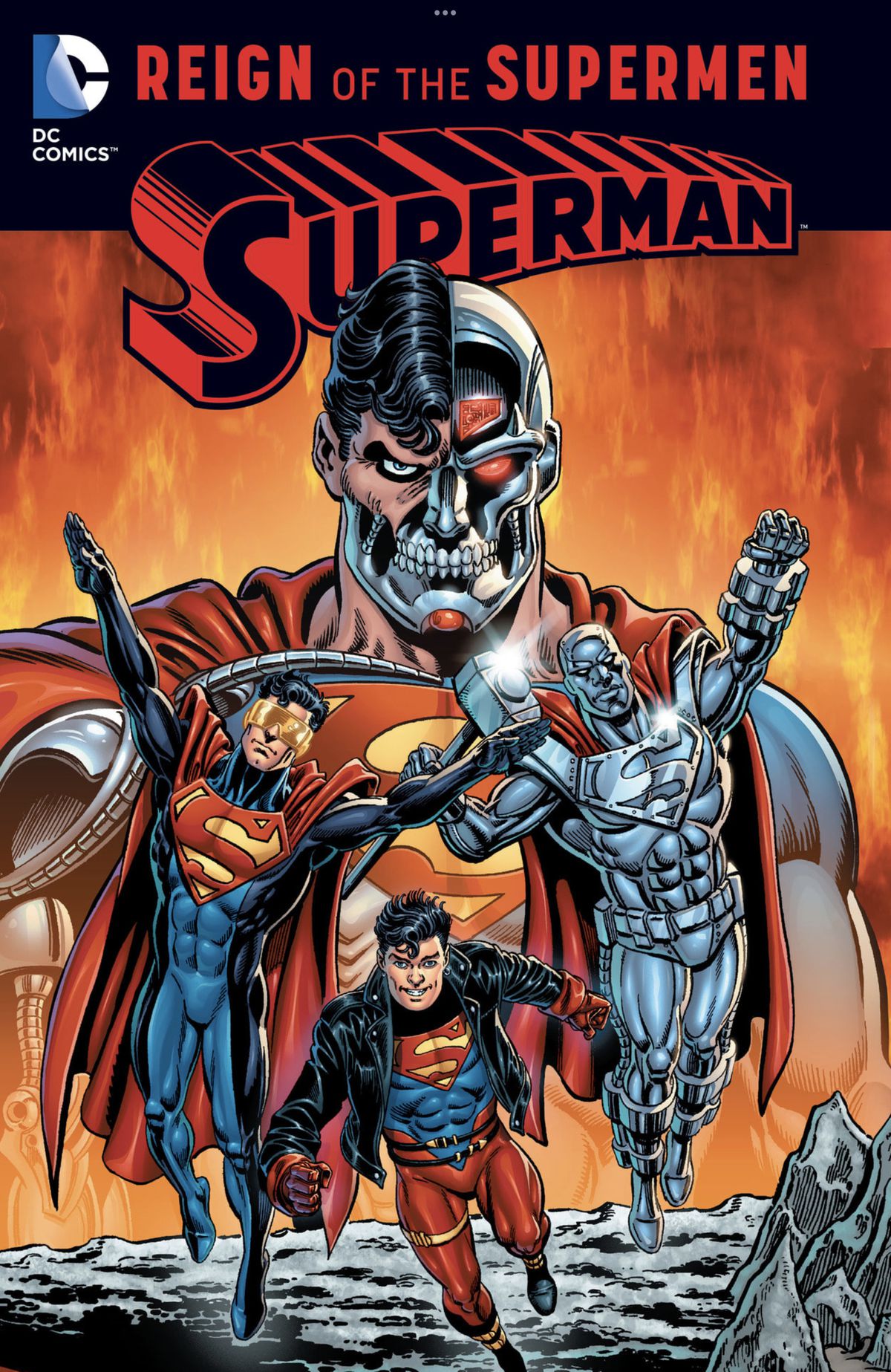 Cyborg Superman, uno spaventoso Superman cyborg;  l'Eradicator, un Superman ultraterreno che indossa occhiali da sole;  Superboy, un adolescente Superman, e Steel, un ragazzo con una tuta di metallo con il logo di Superman;  sulla copertina di Reign of the Supermen (DC Comics). 