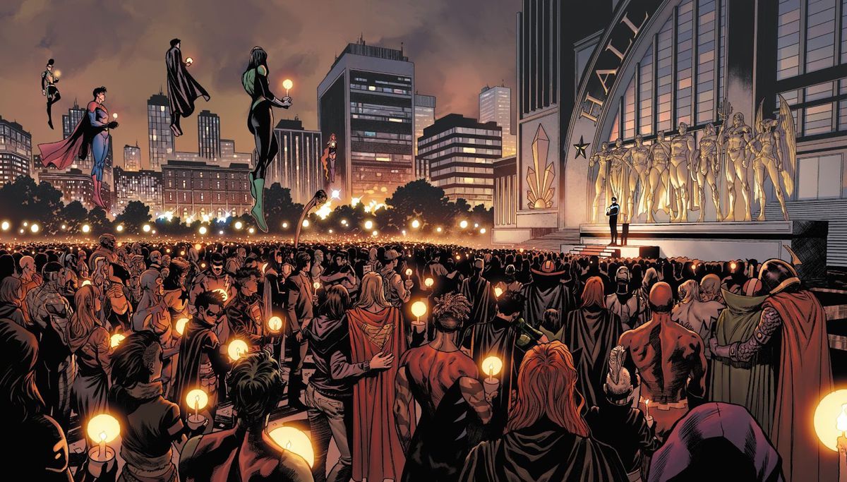 Supereroi e civili si riuniscono a una veglia a lume di candela davanti alla Sala della Giustizia, in onore dei membri caduti della Justice League in Dark Crisis #1 (2022). 