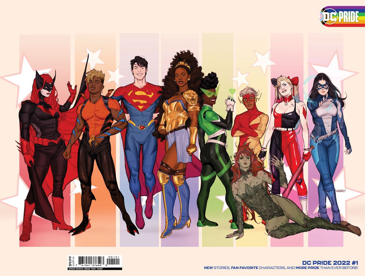 Da sinistra a destra sulla copertina della variante avvolgente di DC Pride 2022: Batwoman, Aqualad, Superman, Queen Nubia, Jo Mullein/Green Lantern, Jesse Quick, Poison Ivy, Harley Quinn e Dreamer.