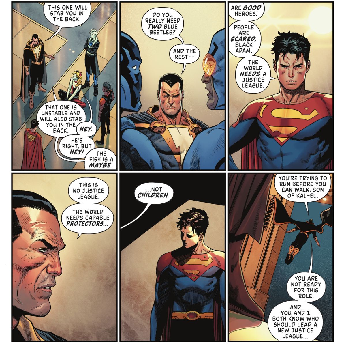 Black Adam veste il campo di Jon Kent/Superman per una nuova formazione della Justice League, dicendo che Harley è instabile e lo pugnalerà alla schiena (Harley dice 