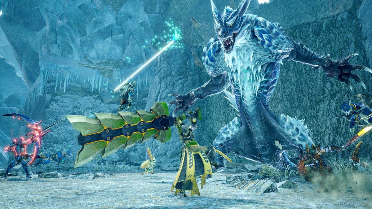 Immagine: un gruppo di cacciatori combatte un gigantesco lupo di ghiaccio in Monster Hunter Rise: Sunbreak